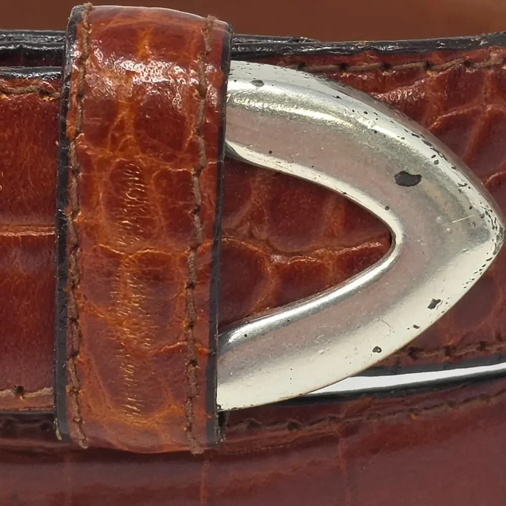 Crocodile Leather Belt Brown Solid Brass Buckle Mens Size 34 Academia Office USA